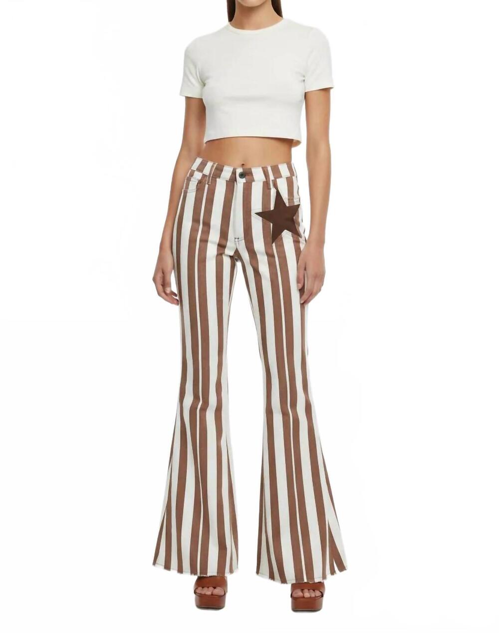 NEW SAINTS & HEARTS back suede star striped flare denim pants in cream/rust/brow